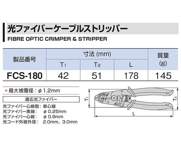 TONE 光ファイバーケーブルストリッパー 径125μm適応 圧着 fcs-180