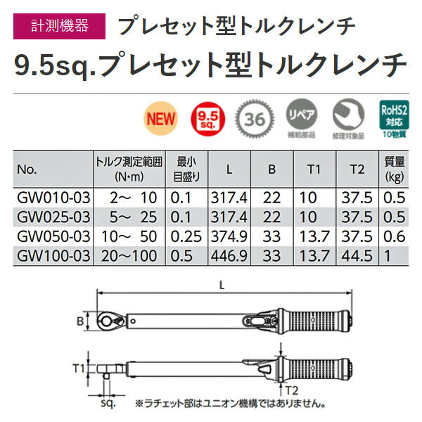 KTC 9.5sq. プレセット型 トルクレンチ GW010-03 測定範囲2～10N・ｍ 工具