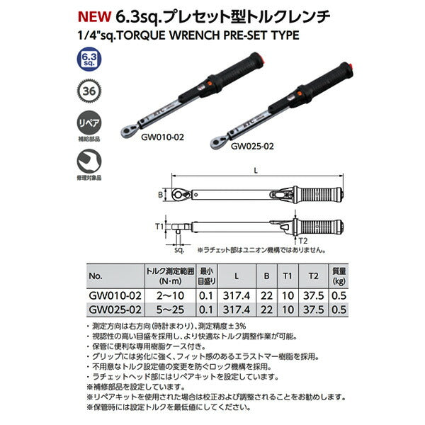 KTC 6.3sq. プレセット型 トルクレンチ GW025-02 測定範囲5～25N・ｍ 工具