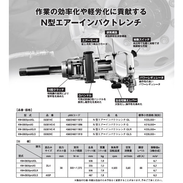 空研 25.4sq. 大型エアーインパクトレンチ(セミロングアンビル仕様) KW-3800proXGLR