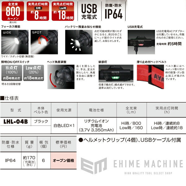 HATAYA LHL-04B LEDヘッドライト800 ブラック 黒 800lm USB充電式 防塵