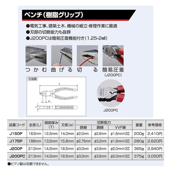 ロブテックス J150P ペンチ(樹脂グリップ) エビ LOBSTER ロブスター エビ印工具 LOBTEX