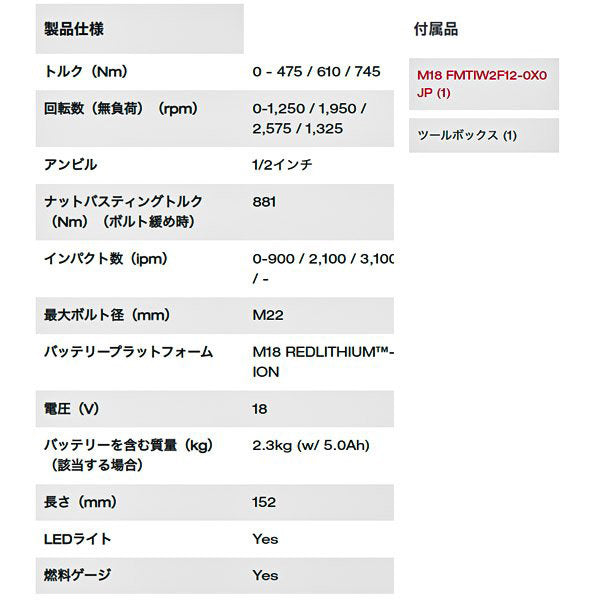 ミルウォーキー 745Nm 1/2コードレス電動インパクトレンチ(本体・ケース) M18 FMTIW2F12-0X0 JP Milwaukee 緩め881Nm 12.7sq. 12.7角 充電式 電動工具 M18シリーズ