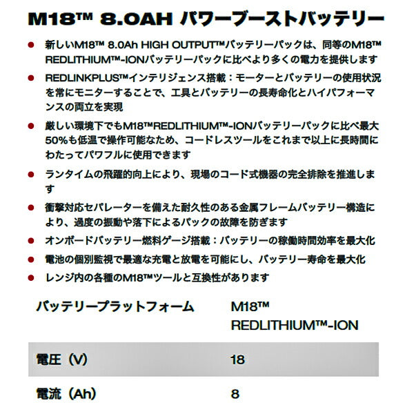 ミルウォーキー M18専用8.0Ahパワーブーストバッテリー M18 HB8 JP Milwaukee 18V M18シリーズ全モデル対応 長時間使用