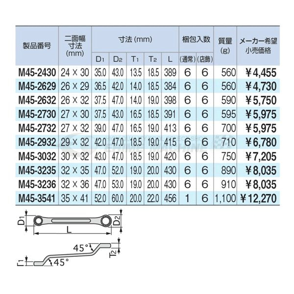 TONE ロングめがねレンチ（45度）26×32mm m45-2632【エヒメマシン】