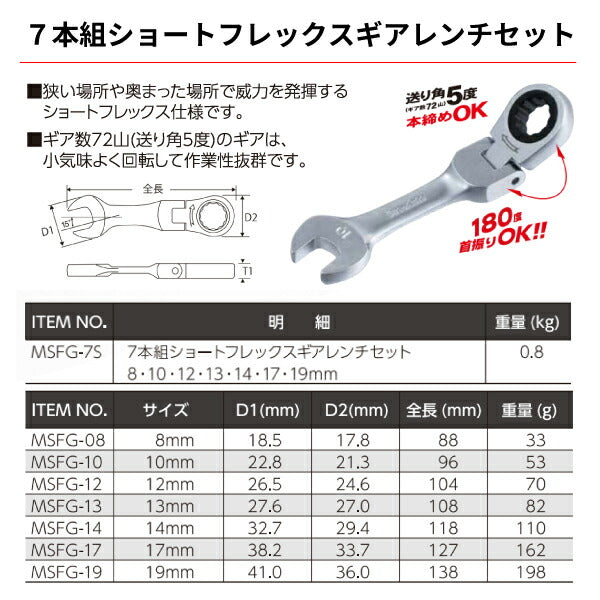 Pro-Auto 7本組ショートフレックスギアレンチセット MSFG-7S ギア数72山 プロオート