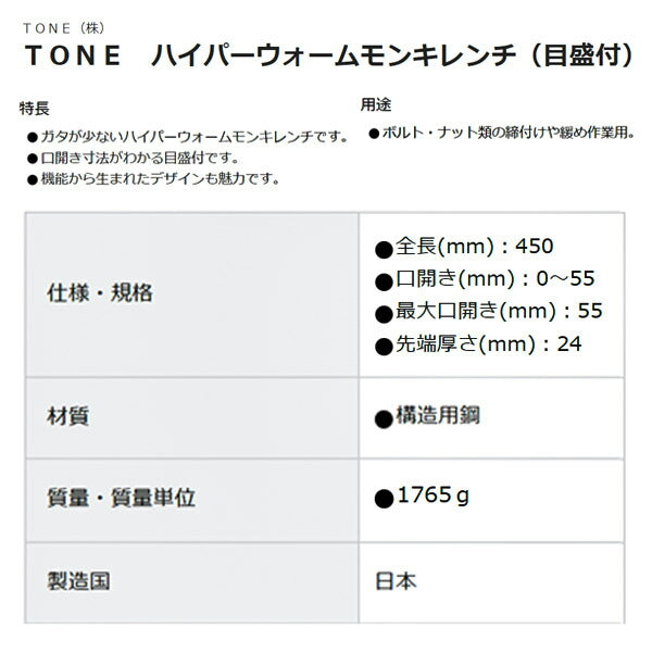 TONE ハイパーウォームモンキレンチ 目盛付 MWR-450 最大口開き55mm トネ 工具