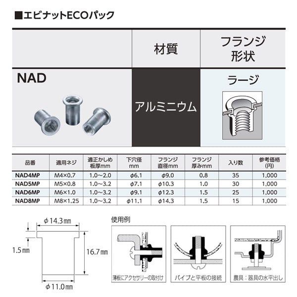 ロブテックス ブラインドナット エビナット(平頭・アルミ製) エコパック 板厚3.2 M8X1.25(15個入) NAD8MP エビ LOBSTER ロブスター エビ印工具 LOBTEX