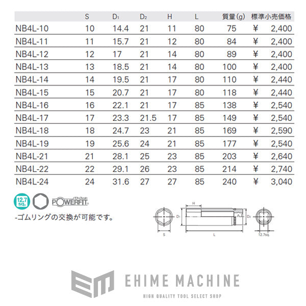 ネプロス 12.7sq.ディープソケット(六角)19mm NB4L-19 - 車用工具