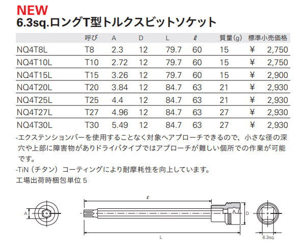 NEPROS 6.3sq.ロングT型トルクスビットソケット NQ4T20L T20 差込角1/4 ネプロス