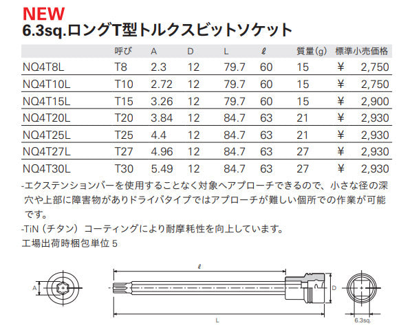 NEPROS 6.3sq.ロングT型トルクスビットソケット NQ4T30L T30 差込角1/4 ネプロス