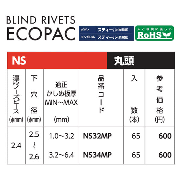 ロブテックス ブラインドリベット(スティール/スティール製) エコパック 3-2(65本入)  NS32MP エビ LOBSTER ロブスター エビ印工具 LOBTEX