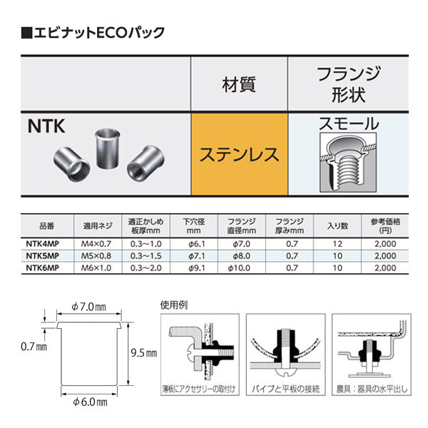 ロブテックス ブラインドナット エビナット(薄頭・ステンレス製) エコパック 板厚1.0 M4X0.7(12個入) NTK4MP エビ LOBSTER ロブスター エビ印工具 LOBTEX