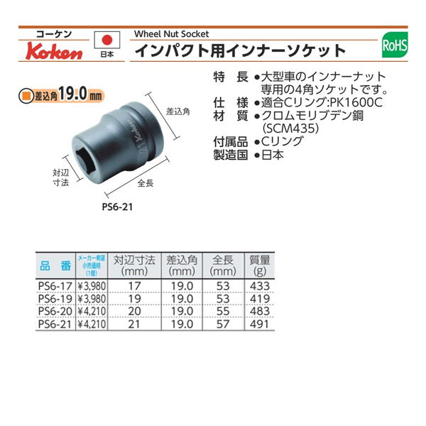 コーケン PS6-17 ホイールナット用4角ソケット  17mm 差込角19.0ｍｍ Ko-ken 工具