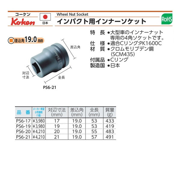 コーケン PS6-17 ホイールナット用4角ソケット 17mm 差込角19.0ｍｍ Ko-