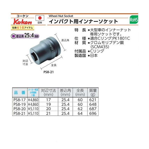 コーケン PS8-17 ホイールナット用4角ソケット 17mm 差込角25.4mm Ko-ken 工具