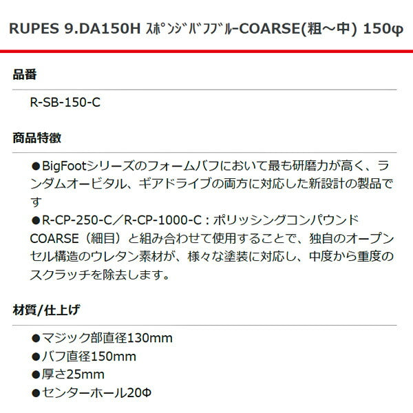 RUPES スポンジバフ ブルー COARSE（粗目-中目）R-SB-150-C 直径150mm 9DA150H ルぺス 自動車 研磨 磨き