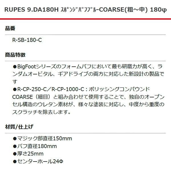 RUPES スポンジバフ ブルー COARSE（粗目-中目）R-SB-180-C 直径180mm 9DA180H ルぺス 自動車 研磨 磨き