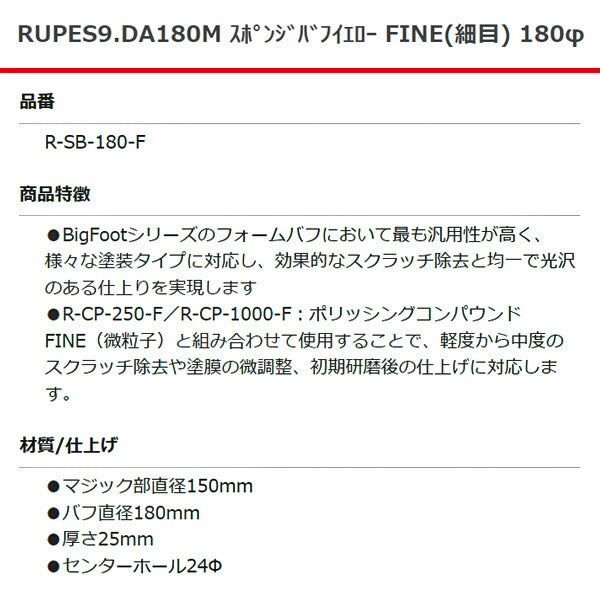 RUPES スポンジバフイエロー FINE(細目) R-SB-180-F 直径180mm 9DA180M ルぺス 自動車 研磨 磨き