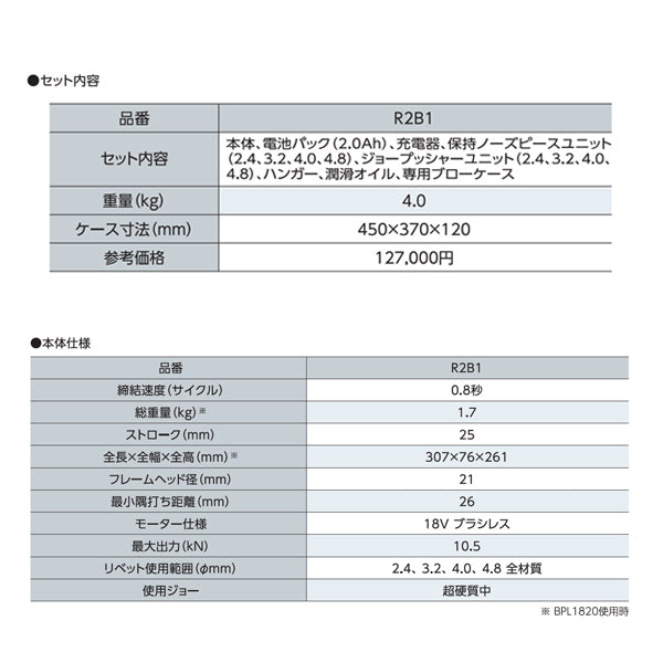 ロブテックス R2B1 コードレスリベッター エビ LOBSTER ロブスター エビ印工具 LOBTEX