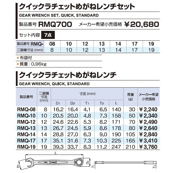 TONE クイックラチェットめがねレンチセット rmq700【エヒメマシン】