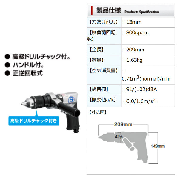 信濃機販 SHINANO エアードリル 10mm SI-5501 - エア工具
