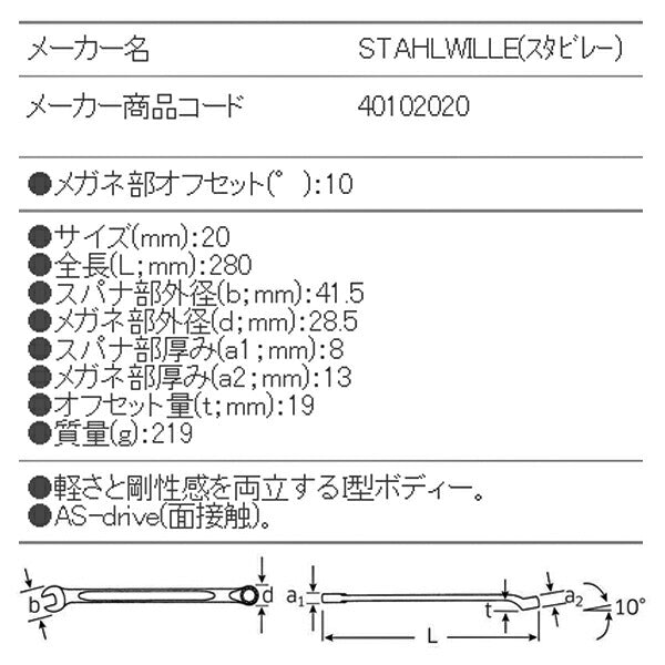 STAHLWILLE 14-20 片目片口スパナ(ロング) (40102020) スタビレー