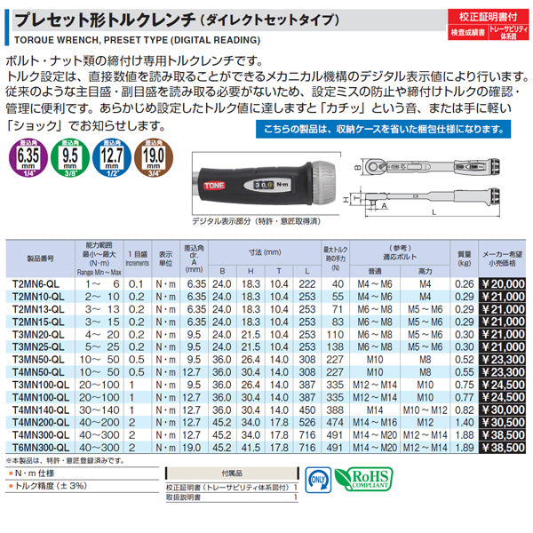 TONE T4MN140-QL 12.7sq.プレセット形トルクレンチ(ダイレクトセット