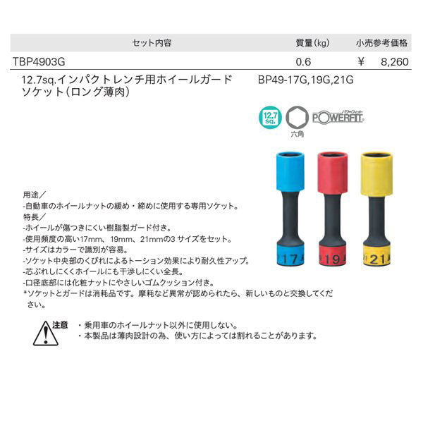 KTC インパクトレンチ用ホイールガードソケットセット（ロング薄肉