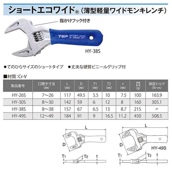 TOP モンキーレンチ 薄型軽量 ワイド モンキレンチ ショートエコワイド 口開寸法8〜30 HY-30Sトップ工業 工具