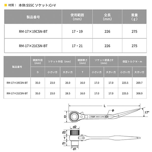 TOP 短ガチャ 鳶仕様 17ｘ19mm RM-17X19CSN-BT トップ工業
