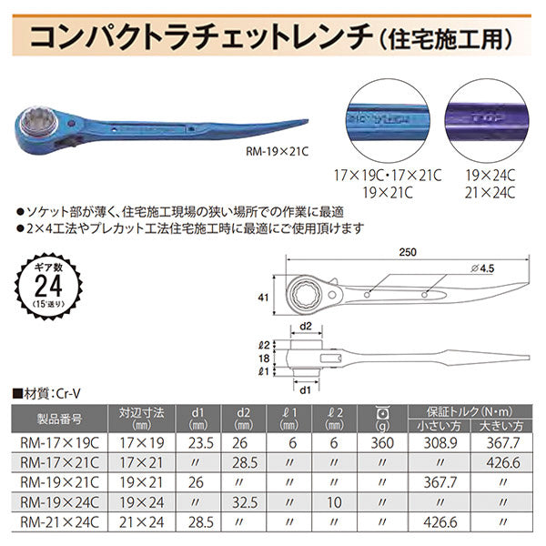 TOP コンパクトラチェットレンチ 住宅施工用 19Ｘ24mm RM-19X24C トップ工業