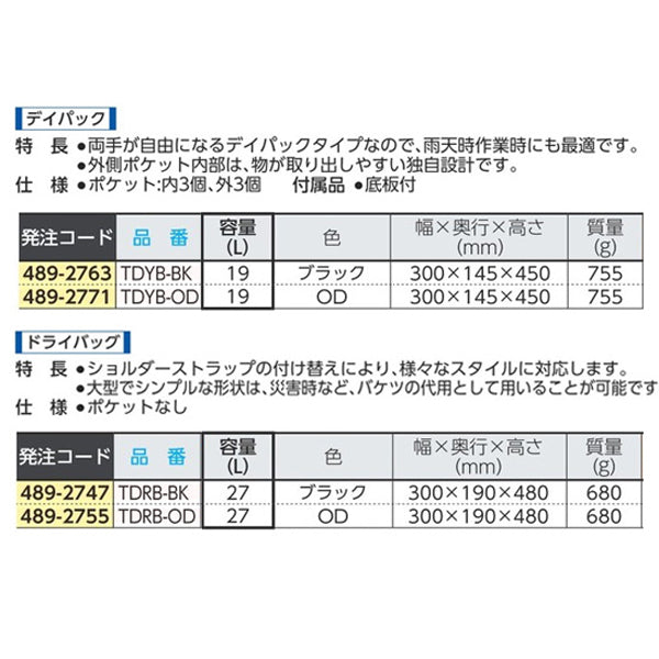 TRUSCO 防水ターポリンデイパック オリーブドラブ 容量19L TDYB-OD トラスコ