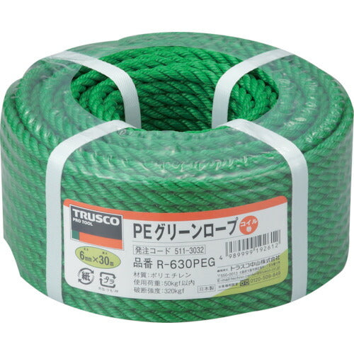 TRUSCO PEグリーンロープ 3ツ打 線径6mmX長サ30m R630PEG トラスコ