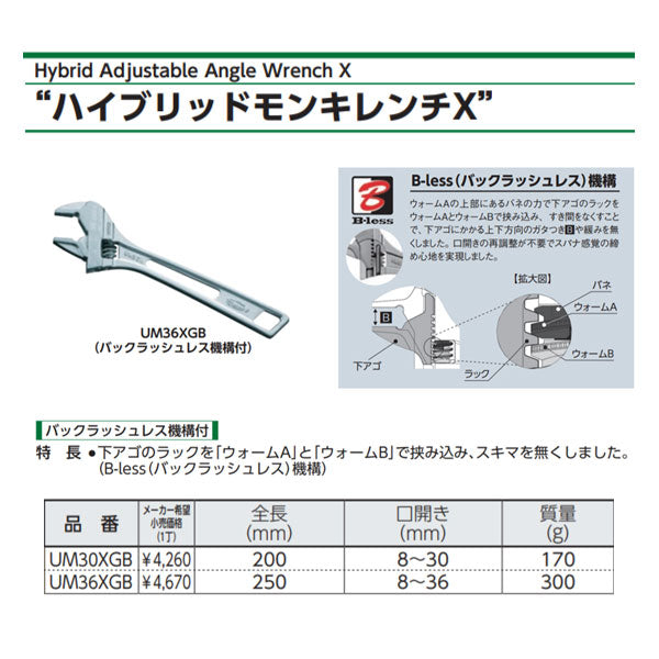 ロブテックス UM36XGB ハイブリッドモンキーレンチX W-ZERO 口開き 8-36mm 工具 エビ ロブスター LOBSTER LOBTEX