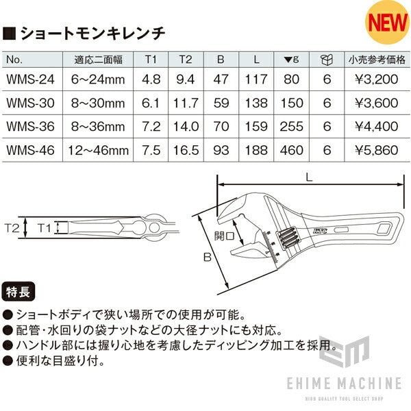 KTC ショートモンキレンチ 開口8〜36mm wms-36【エヒメマシン】