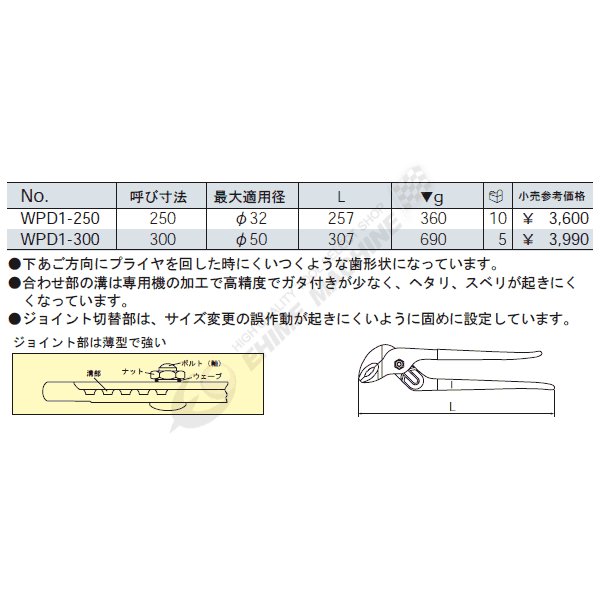 KTC 強力型ウォーターポンププライヤー wpd1-300【エヒメマシン】